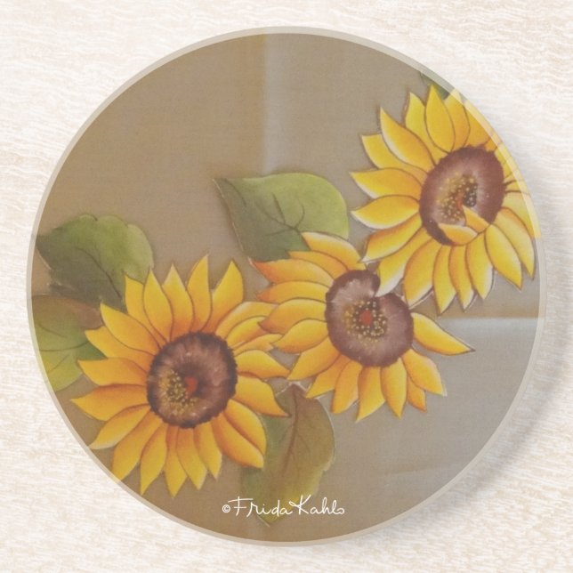 Posavasos De Arenisca Frida Kahlo Pintado de girasoles (Frente)
