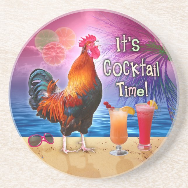 Posavasos De Arenisca Funny Rooster Cocktails Tropical Beach Sea (Frente)