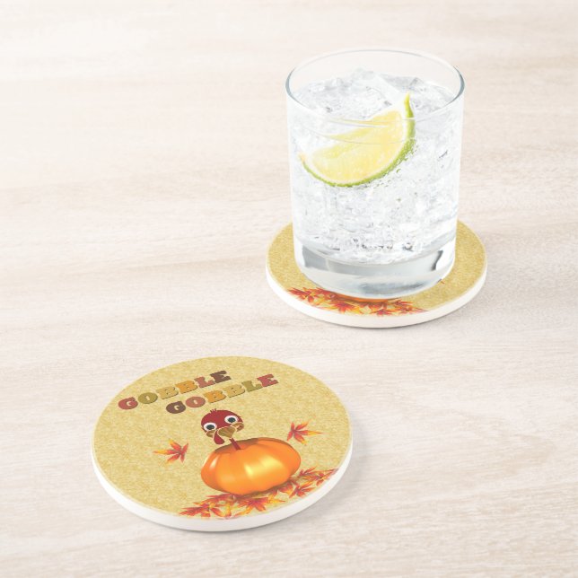 Posavasos De Arenisca Funny Thanksgiving Turkey in Pumpkin - Coaster (Lado)