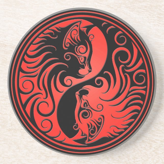 Posavasos De Arenisca Gatitos rojos y negros de Yin Yang (Frente)