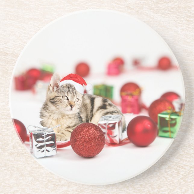 Posavasos De Arenisca Gato con sombrero rojo de Papá Noel Ornamento de N (Frente)