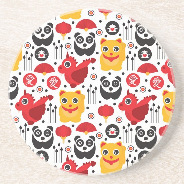 Posavasos De Arenisca Gato, dragón, y panda afortunados de China (Frente)