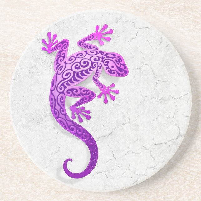 Posavasos De Arenisca Gecko púrpura que sube en una pared blanca (Frente)