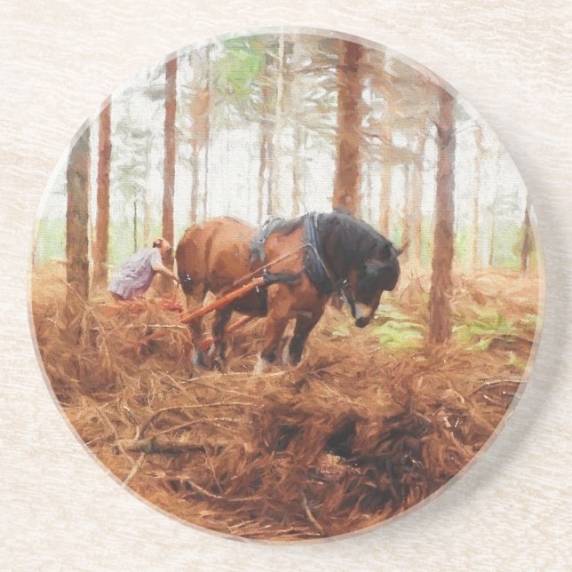 Posavasos De Arenisca Gigante suave - Traslado de caballos en bosque (Frente)