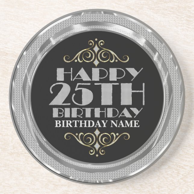 Posavasos De Arenisca Glamoroso Purpurina plateado feliz cumpleaños 25 (Frente)