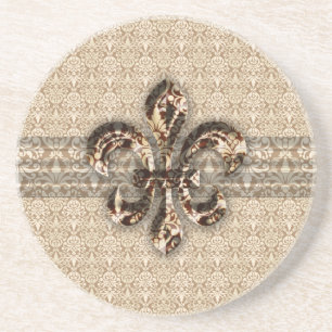 Posavasos De Arenisca Golden Fleur De Lis con el patrón de damasco crema