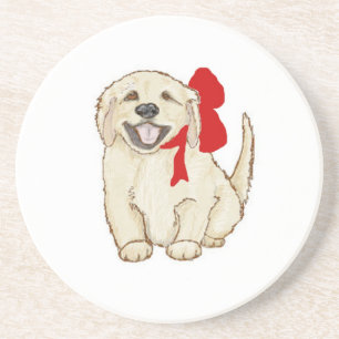 Posavasos De Arenisca Golden Retriever Puppy con cinta roja
