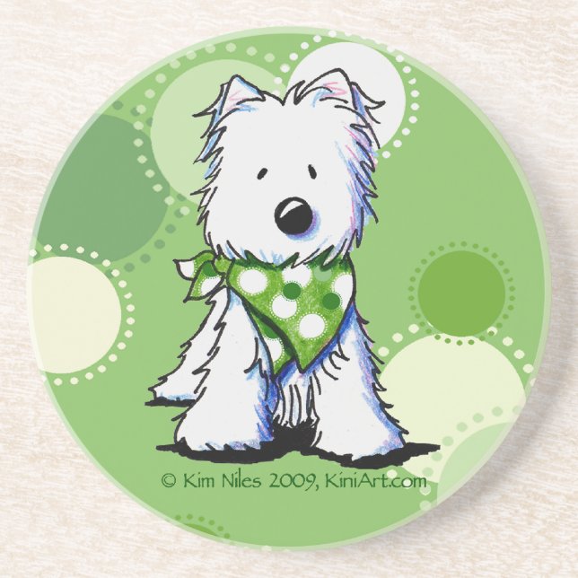 Posavasos De Arenisca Green Dots Westie Dog Coaster (Frente)