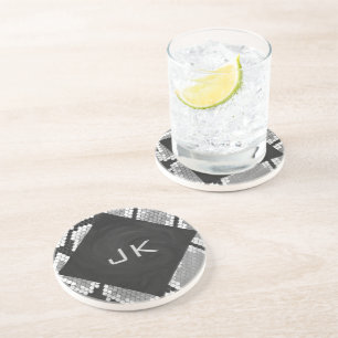 Posavasos De Arenisca Gris Serpiente, Blanco y Negro Monogramado