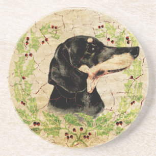 Posavasos De Arenisca Guirnalda del acebo del vintage del Dachshund del