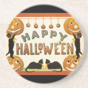 Posavasos De Arenisca Halloween antiguo, gatos negros con Jackolanterns