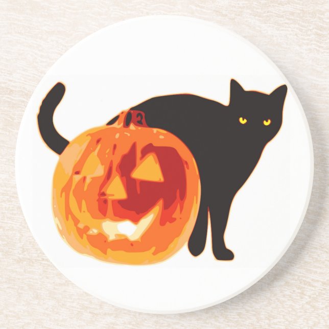 POSAVASOS DE ARENISCA HALLOWEEN BLACK CAT Y PUMPKIN (Frente)