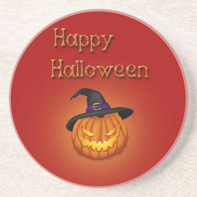Posavasos De Arenisca Happy Halloween Pumpkin with Hat (Frente)
