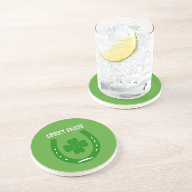 Posavasos De Arenisca Herradura Afortunada Verde con 4 shamrock hoja (Lado)