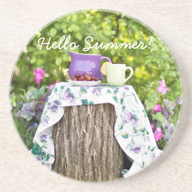 Posavasos De Arenisca Hola té de verano y ciruelas en el jardín (Frente)
