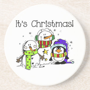 Posavasos De Arenisca Hombres de nieve y pingüinos son Navidades