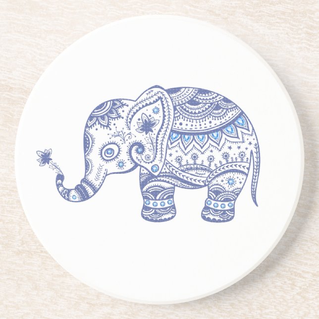 Posavasos De Arenisca Ilustracion de Elefante Floral Azul (Frente)