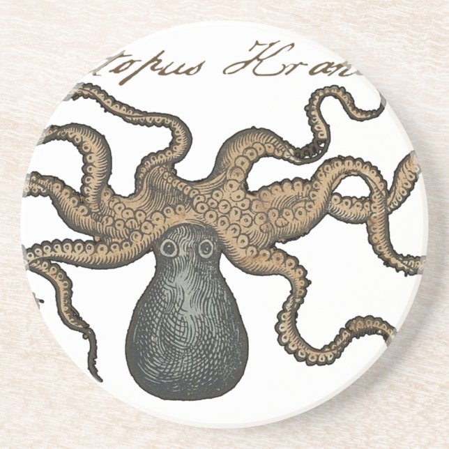 Posavasos De Arenisca Ilustracion Octopus Kraken Vintage (Frente)