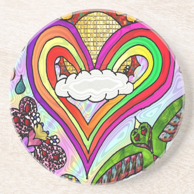 Posavasos De Arenisca Impresión psicodélica de arte cardíaco arcoiris (Frente)