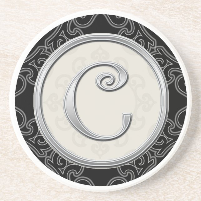 Posavasos De Arenisca Inicial de plata con clase del monograma (Frente)