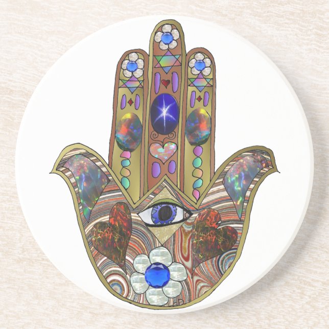 Posavasos De Arenisca Judaica Hamsa Hearts Flowers Opal Art Print (Frente)