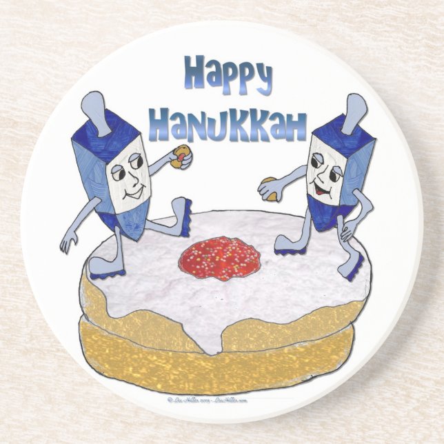 Posavasos De Arenisca Judaica Happy Hanukkah Dancing Dreidels Doughnut (Frente)