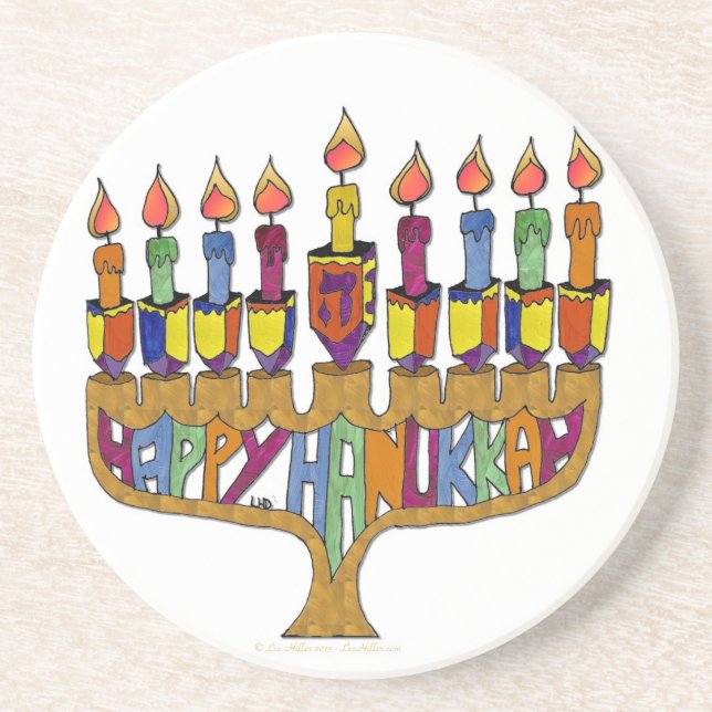 Posavasos De Arenisca Judaica Happy Hanukkah Dreidel Menorah (Frente)
