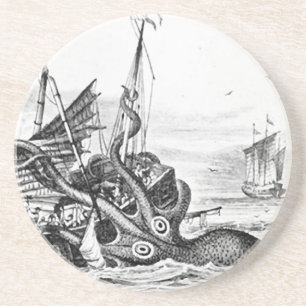 Posavasos De Arenisca Kraken/pulpo Eatting un barco pirata, negro/blanco