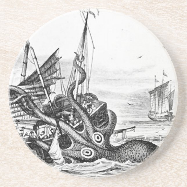Posavasos De Arenisca Kraken/pulpo Eatting un barco pirata, negro/blanco (Frente)
