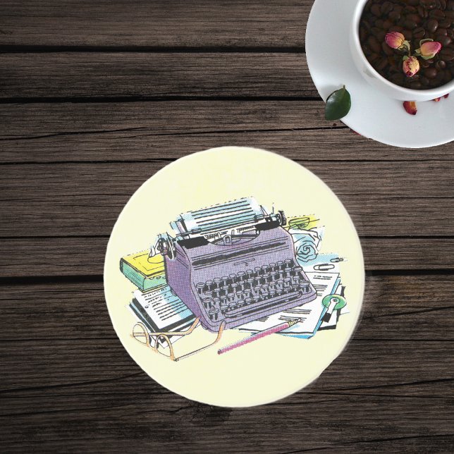 Posavasos De Arenisca Lápiz de papel de máquina de escribir herramientas (Vintage purple manual typewriter, paper books pencils on yellow glass drink coaster.)