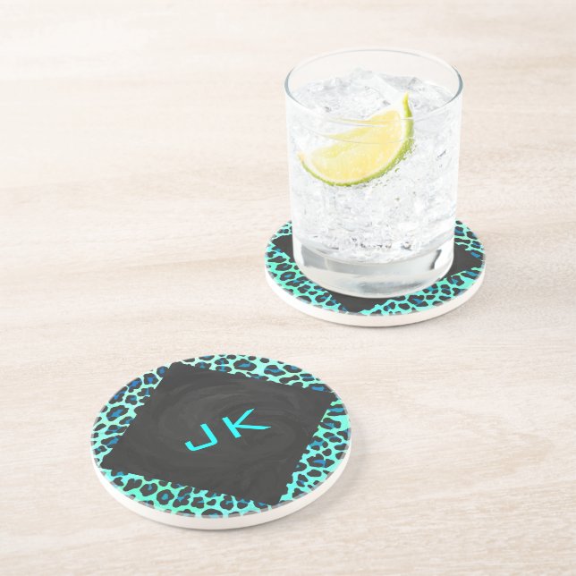 Posavasos De Arenisca Leopardo negro e impresión Verde azulada (Lado)
