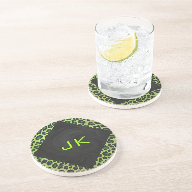 Posavasos De Arenisca Leopardo negro y verde con monograma (Lado)
