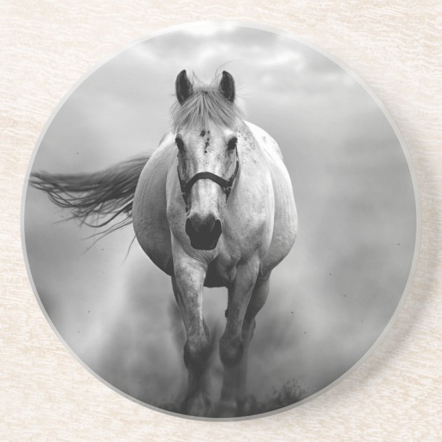 Posavasos De Arenisca Libertad de caballo blanco y negro (Frente)