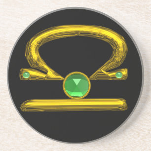 Posavasos De Arenisca LIBRA ZODIAC CUMPLEAÑOS JEWEL Emerald, Gold y Blac