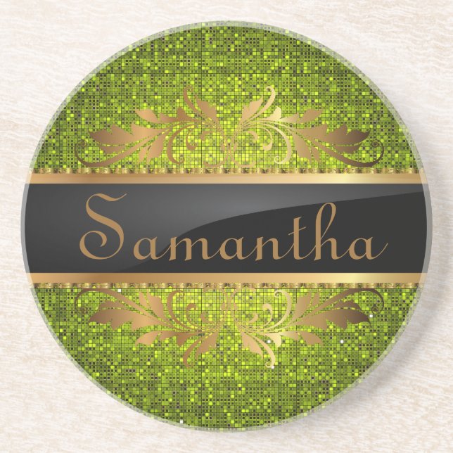 Posavasos De Arenisca Lime Purpurina Sequin Disco Glitz Patrones (Frente)