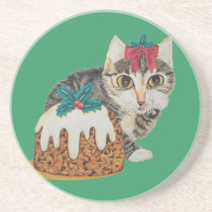 Posavasos De Arenisca lindo gatito grisáceo gato vestido de navidad