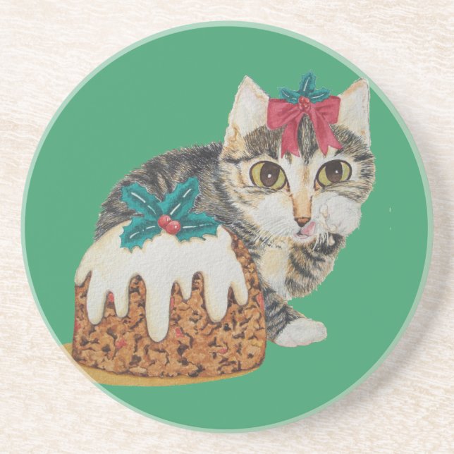 Posavasos De Arenisca lindo gatito grisáceo gato vestido de navidad (Frente)