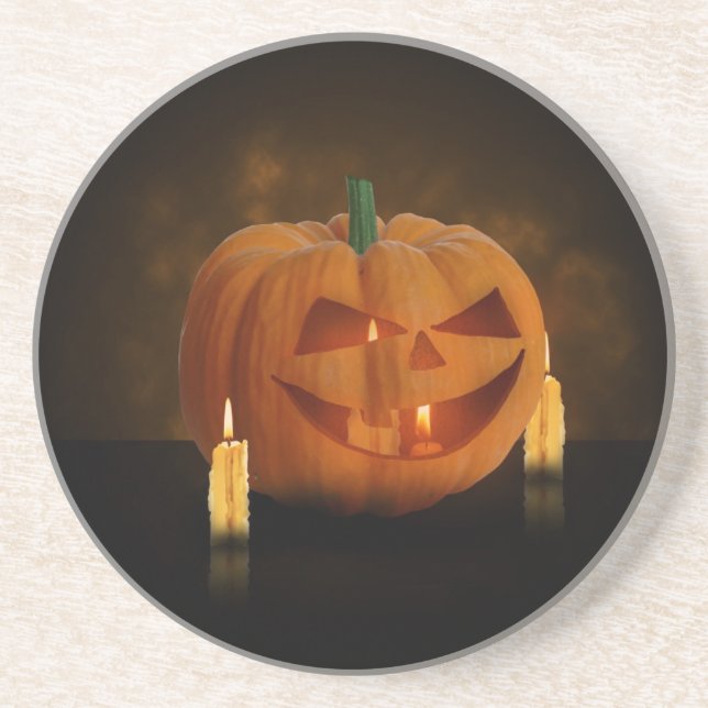 Posavasos De Arenisca Linterna de calabaza de Halloween con velas (Frente)