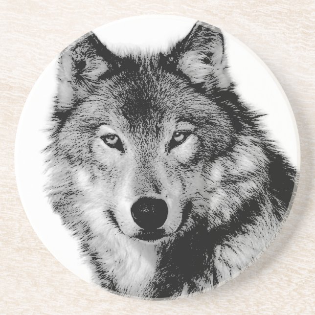 Posavasos De Arenisca Lobo blanco y negro (Frente)
