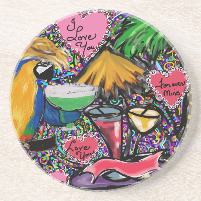Posavasos De Arenisca Loro de Fiesta de San Valentín (Frente)