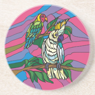 Posavasos De Arenisca Loros coloridos de los pájaros del vitral