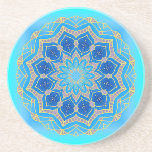 Posavasos De Arenisca Lotus mandala de color turquesa y azul