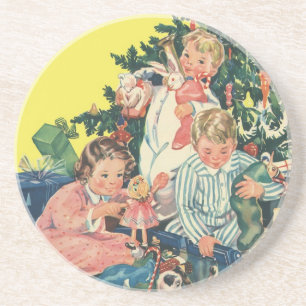 Posavasos De Arenisca Mañana de Navidad vintage, niños abriendo regalos