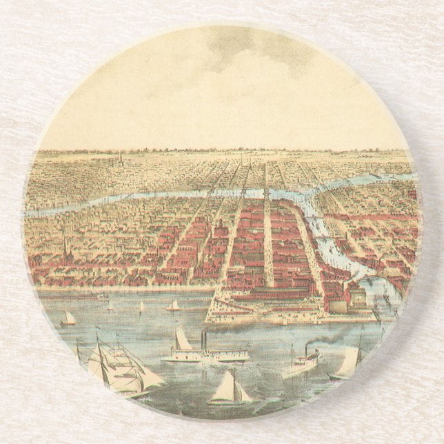 Posavasos De Arenisca Mapa antiguo de Chicago, calle LaSalle y río (Frente)