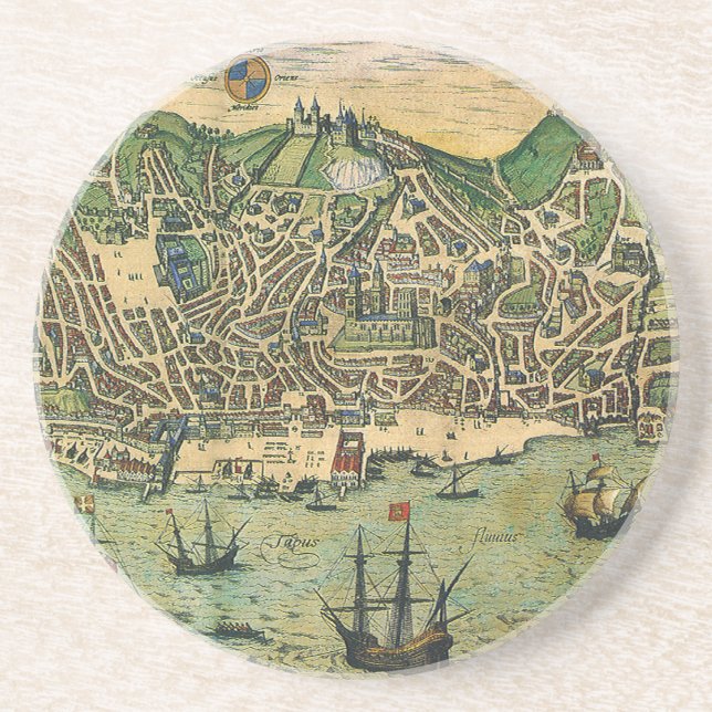 Posavasos De Arenisca Mapa antiguo de Lisboa, Portugal, por Braun/Hogenb (Frente)