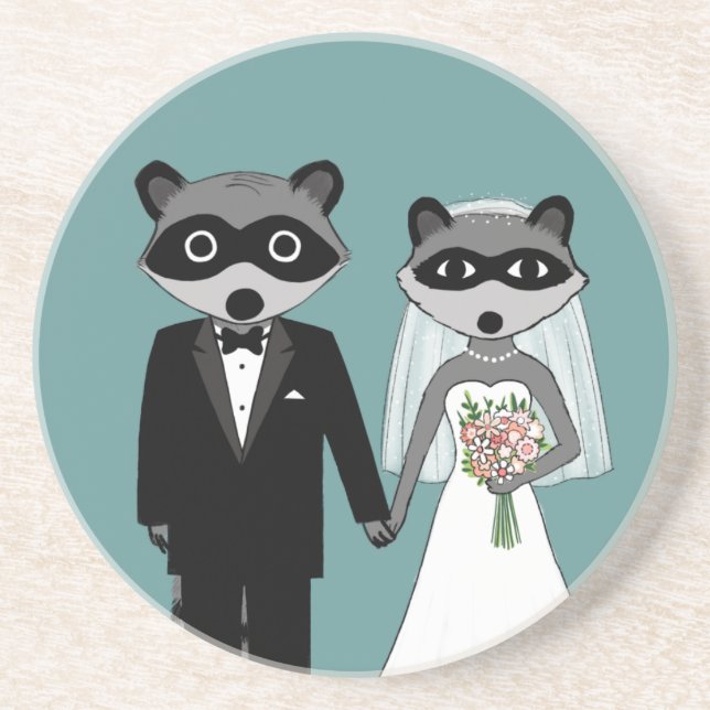 Posavasos De Arenisca Mapaches que se casan - novia y novio lindos (Frente)