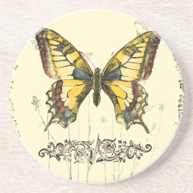 Posavasos De Arenisca Mariposa decorativa con flores silvestres (Frente)