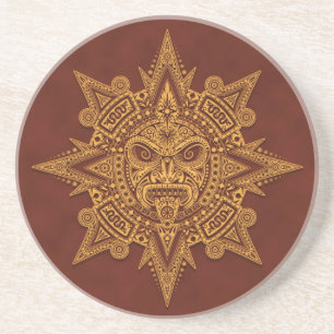 Posavasos De Arenisca Máscara azteca de Sun - rojo de oro
