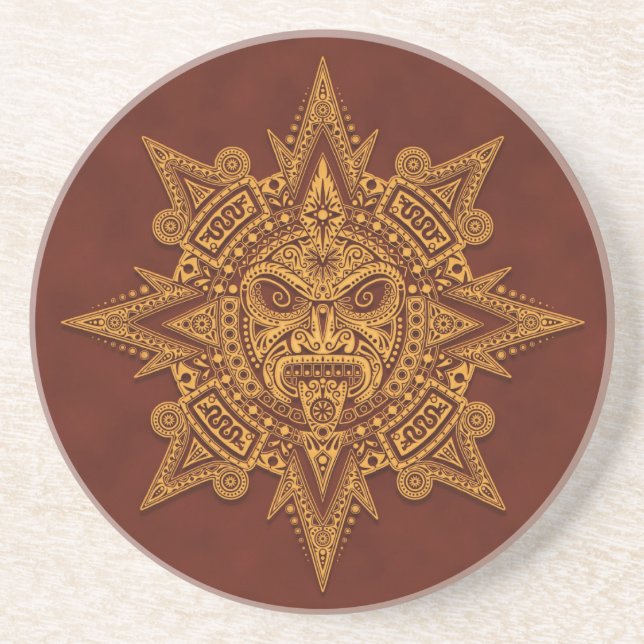 Posavasos De Arenisca Máscara azteca de Sun - rojo de oro (Frente)