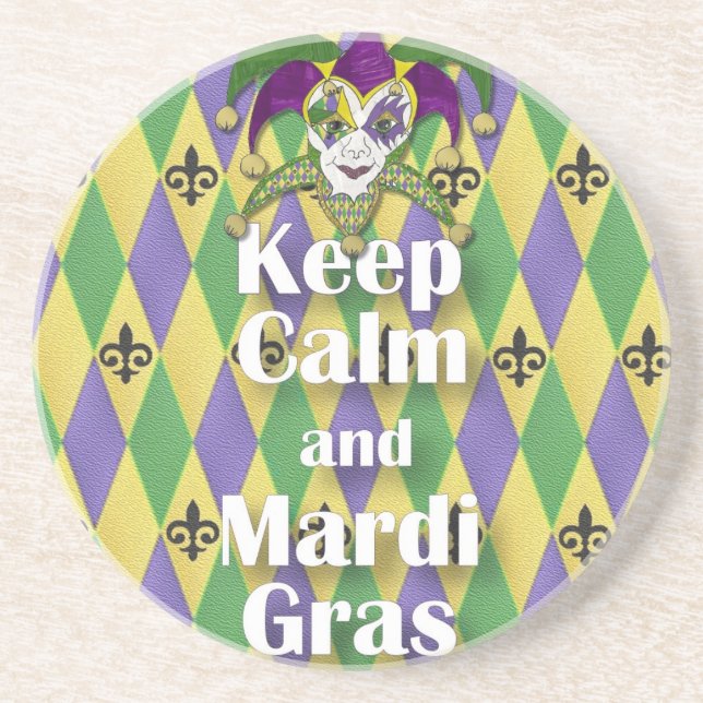 Posavasos De Arenisca Máscara Jester mantener la calma y el Mardi Gras (Frente)